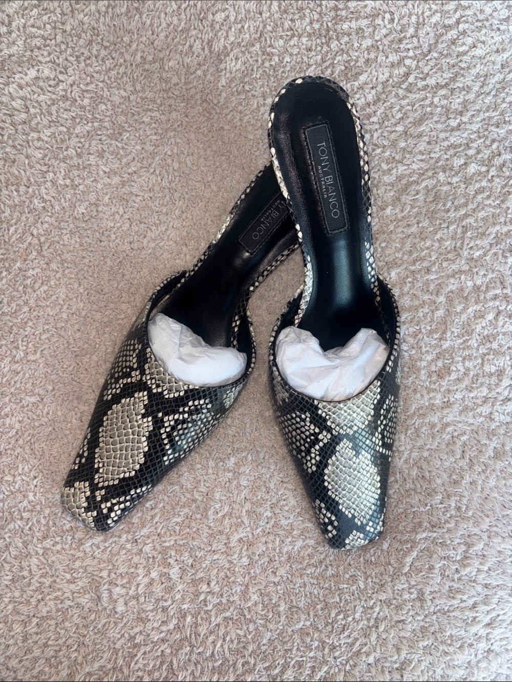 BRAND NEW WITH BOX Tony Bianco Zubi Kitten Heel Mule in Ecru Snake